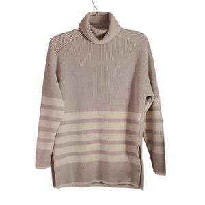 COS Wool Cotton Blend Roll Neck Stripe Knit Pullover Sweater Tan Cream Cozy Warm